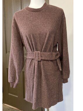 Zara Women's Brown Long Sleeve Knit Tie Belted Crewneck Tunic Sweater Dress